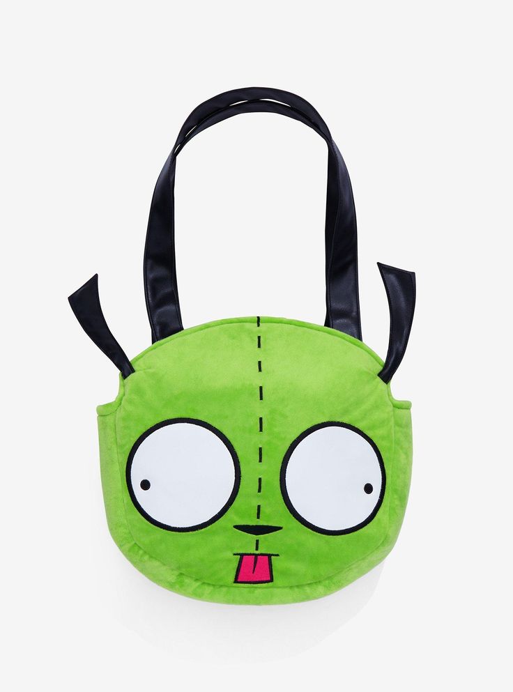 Headed out to meet your bestie GIR? Then you're gonna need this bag to pack all the snacks! From Invader Zim  this tote bag features a plush design of GIR's face plus 3D detailing for his ears. Comes with an interior drop pocket and snap-button closure. Cute Green Tote Bag, Cute Green Shopping Bags, Cute Green Bags For Shopping, Cute Green Softback Bag, Fun Green Back-to-school Bag, Green Fun Bag For Back To School, Fun Green Bag For Back To School, Fun Tote Bags For School, Cute Back To School Gift Bag