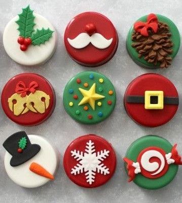 twelve decorated christmas cookies arranged in the shape of santa's hats and other holiday decorations