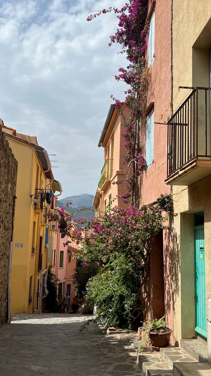 an alley way with flowers growing on the side of buildings and stairs leading up to balconies