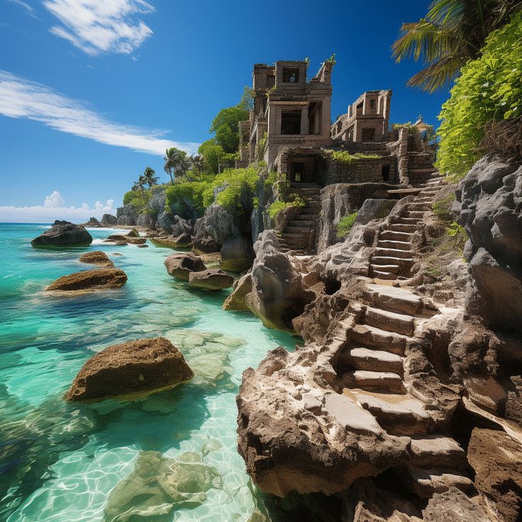 the water is crystal blue and clear with steps leading to an old building on top