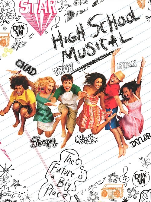 an advertisement for high school musical with girls jumping in the air and writing all over it