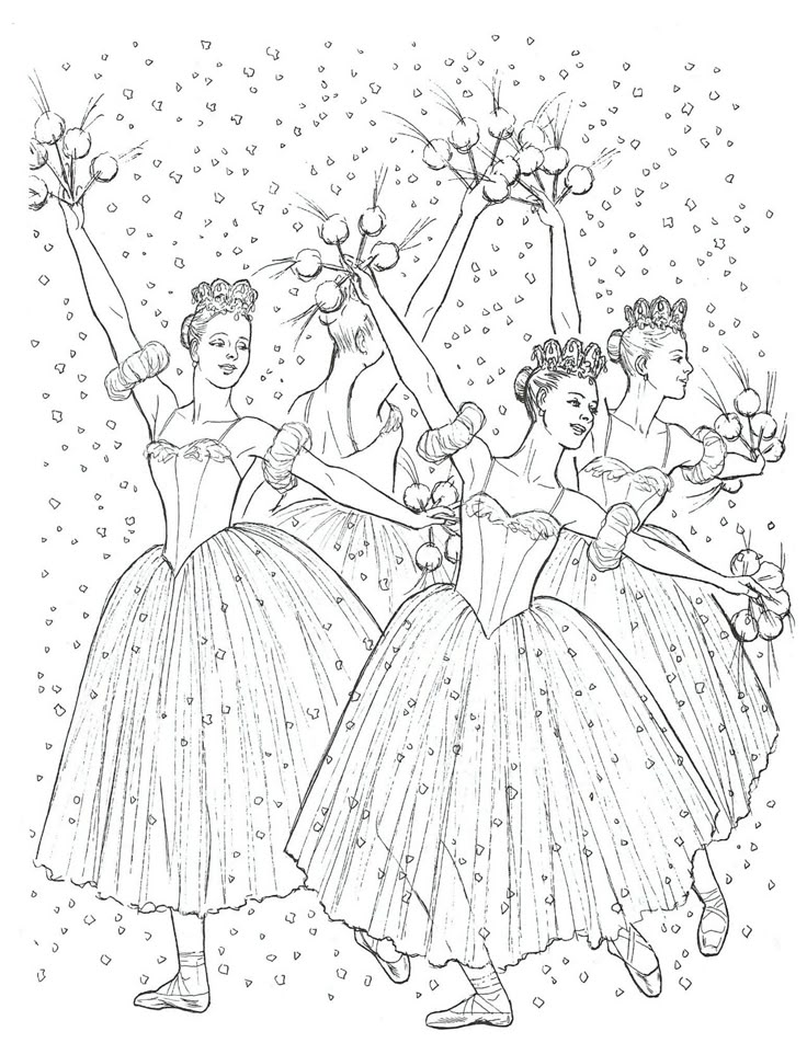 three ballerinas are dancing in the snow with their hands up and one is holding flowers