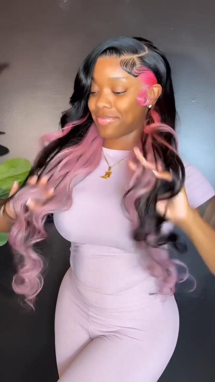 Wigs With Pink Highlights Black Women, Peekaboo Frontal Wig, Valentines Wig Hairstyles, Valentines Day Wig Hairstyles, Colored Bundles Hair Black Women, Valentine’s Day Hair Black Women, Valentine’s Day Wig Ideas, Custom Colored Wigs For Black Women, Side Part Quick Weave With Color