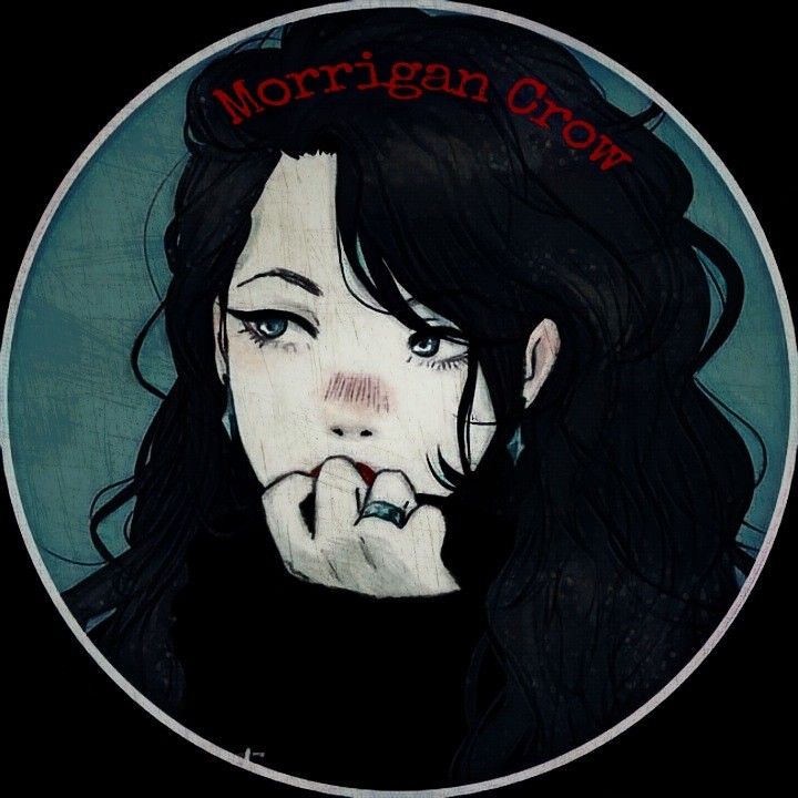 a painting of a woman with long black hair and the words morgan crow on her forehead