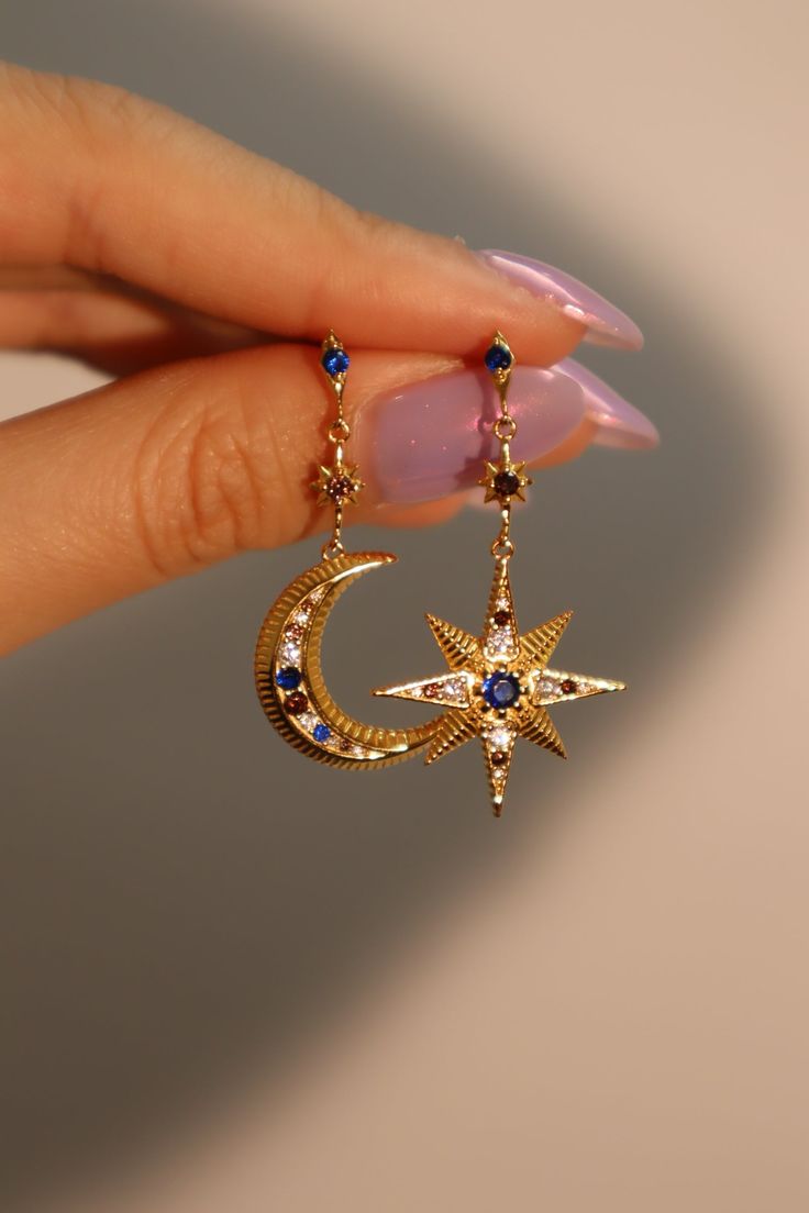 Blue Moon Earrings, Star Cuff Earrings, Dream Jewelry Earrings, Moon Ring Gold, Moon Aesthetic Jewelry, Celestial Jewelry Aesthetic, Star Themed Jewelry, Starry Night Jewelry, Gold Celestial Jewelry