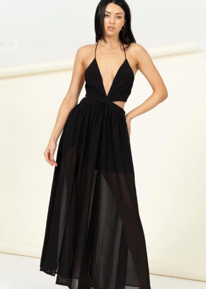 Be a head-turner when you enter the room wearing this sexy black maxi dress. Perfect for most anywhere you're headed, this festival ready maxi dress features soft, easy lines and versatile styling options. The long flowy dress features a deep v-neckline, halter neck cut, as well as ultra-fierce cutouts along the torso that will show alluring hints of skin. Available in sizes S, M and L. Made out of 100% polyester. Accentuate your beauty no matter where you go when you slip on this stunning black Black Chiffon Maxi Dress, Deep V Maxi Dress, Long Flowy Dress, Long Flowy Skirt, Fashion Goals, Cutout Maxi Dress, Flowy Maxi Dress, Chiffon Maxi Dress, Maxi Dress Green