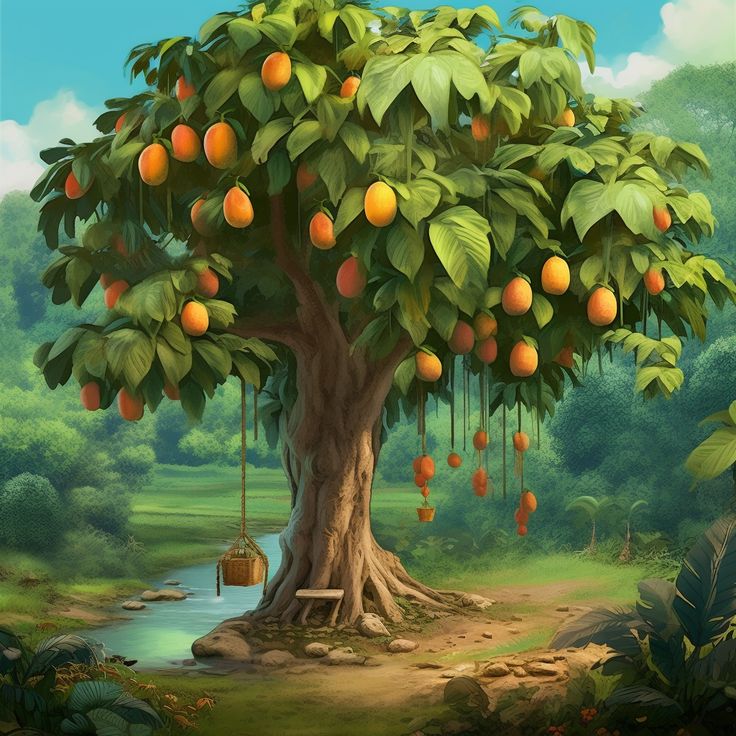 an orange tree with lots of fruit hanging from it's branches and some water in the background