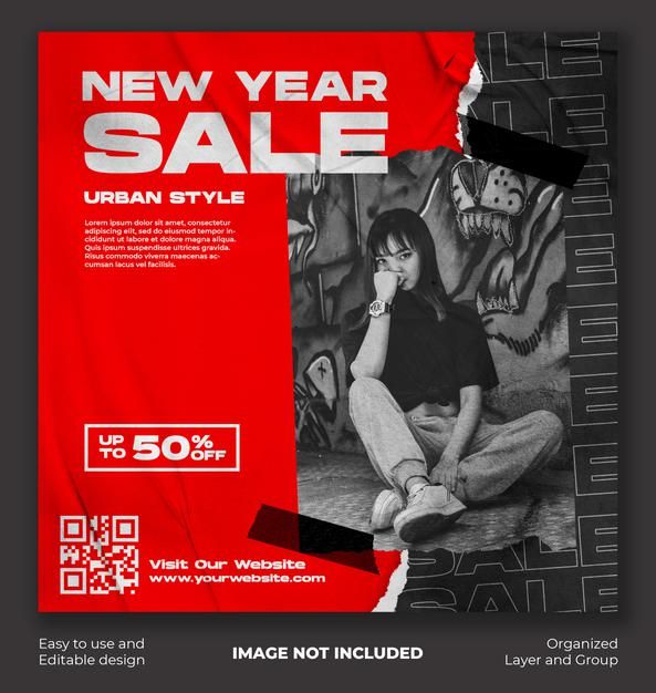 an advertisement for a new year sale with a woman sitting on the floor in black and red