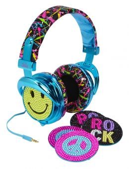 a pair of headphones with smiley face designs on the front and ear pieces in the back