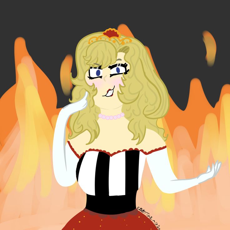 a drawing of a woman wearing glasses and a red dress in front of a fire