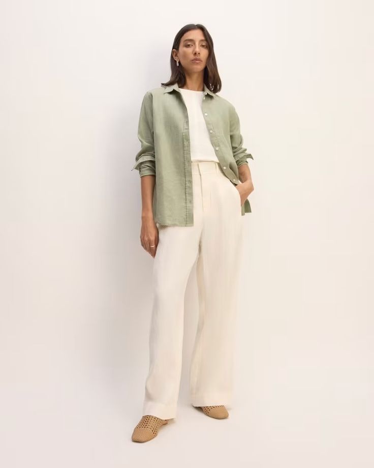 The Linen Relaxed Shirt Sage Green – Everlane Womens Linen Shirt, Spring Flax Button-up Shirt, Sage Shirt Outfit, Casual Flax-colored Shirt For Spring, Casual Flax Shirt For Spring, Spring Button-up Flax Shirt, Classic Neutral Linen Top, Classic Neutral Linen Tops, Neutral Linen Casual Shirt