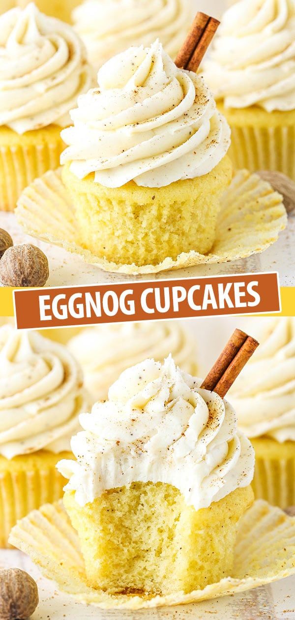 eggnog cupcakes with cream cheese frosting and cinnamon sticks on top