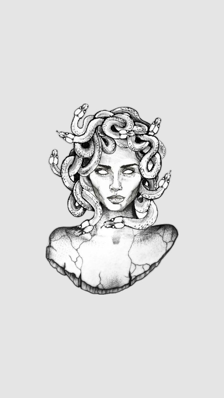 a black and white drawing of a woman's head with snakes around her neck