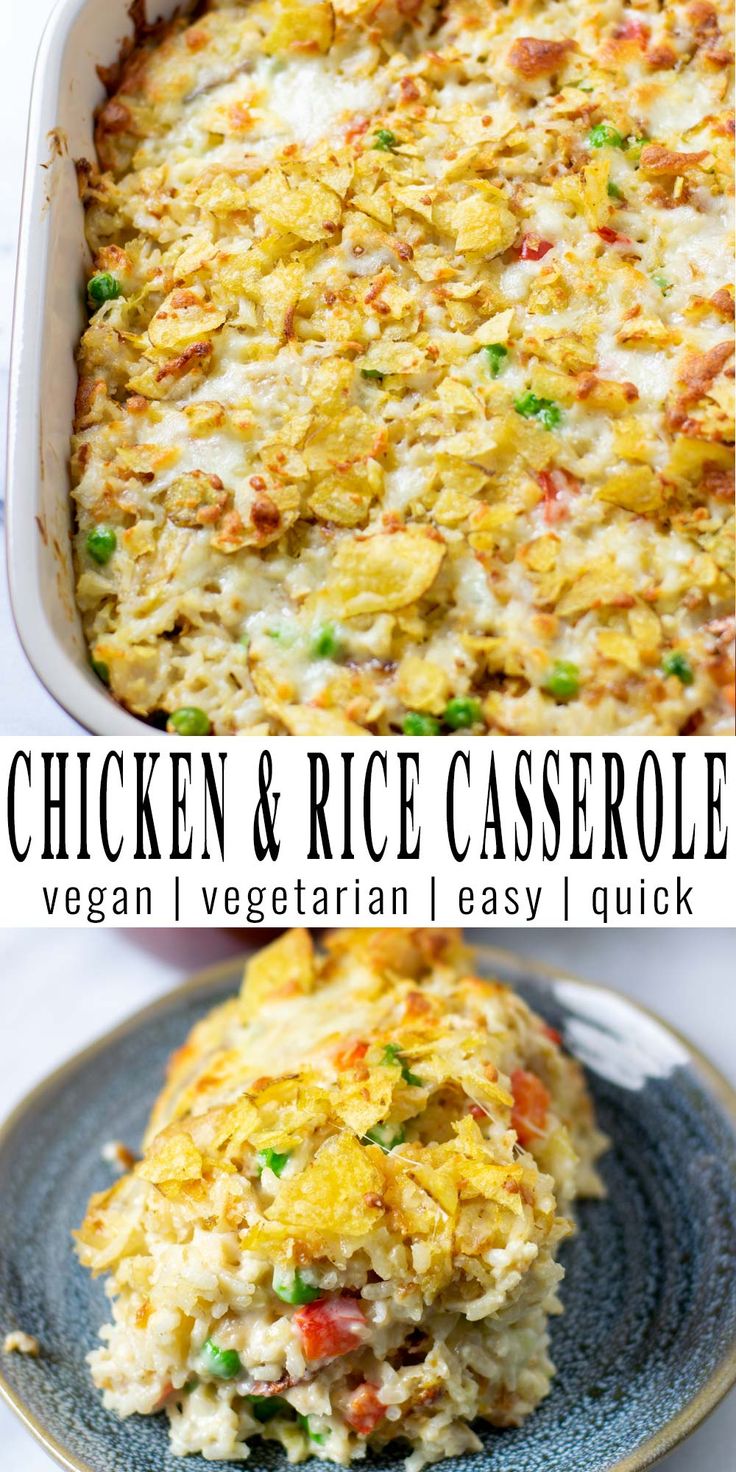 chicken and rice casserole in a blue dish