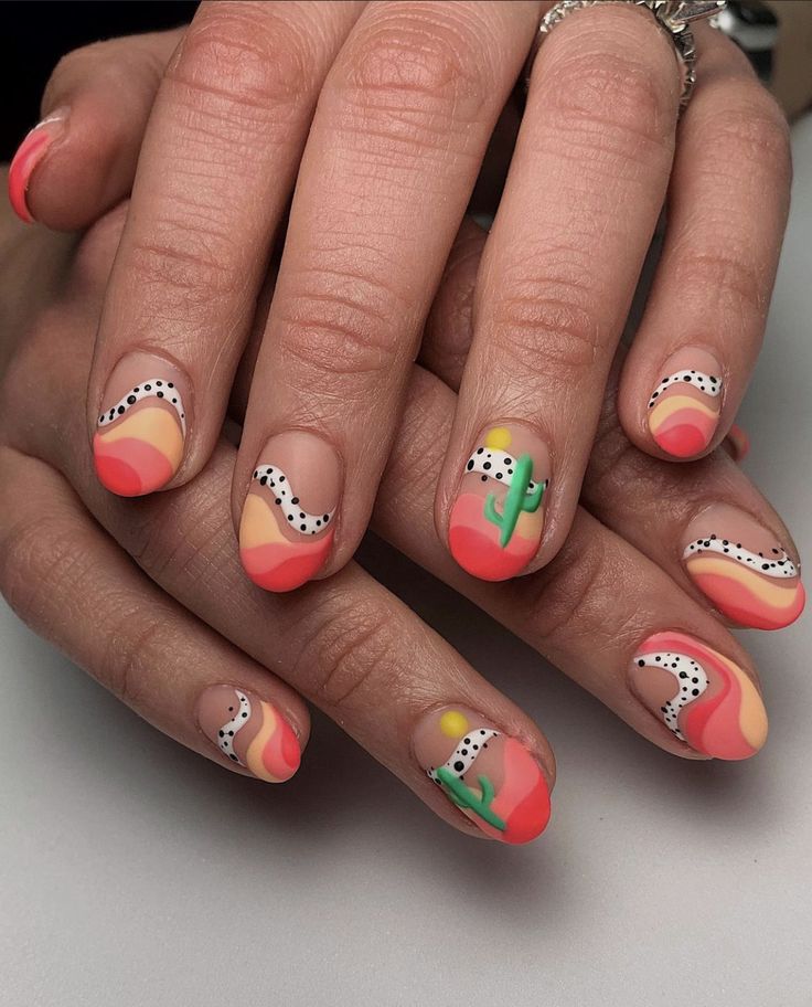 Texas Vacation Nails, South West Nails, Desert Nails Art, Desert Themed Nails, Joshua Tree Nails, Arizona Inspired Nails, Cactus Nail Art Designs, Desert Inspired Nails, Camping Themed Nails