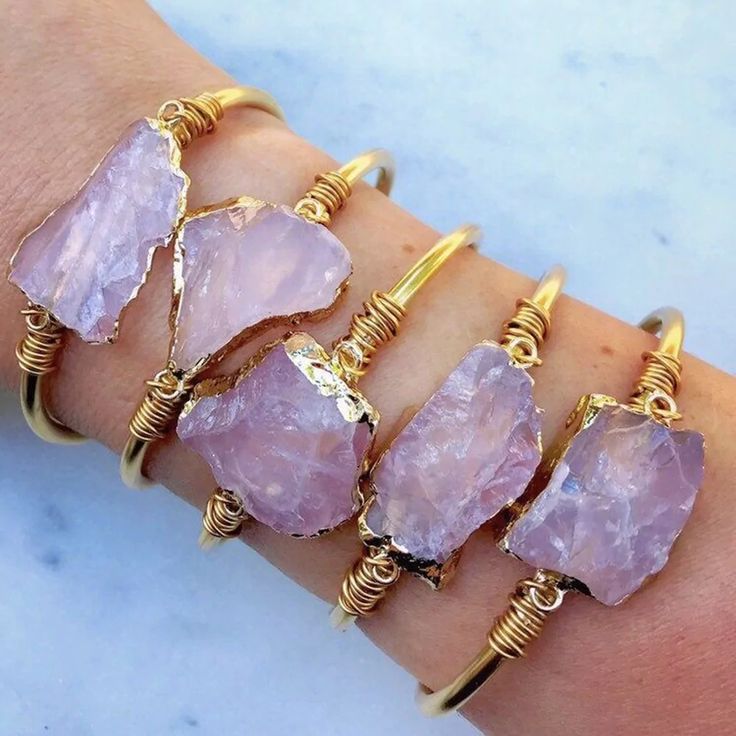 Rose Quartz Gold Plated Wrap Bracelet | Celestial Noir Geometric Crystal, Dope Jewelry Accessories, Raw Rose Quartz, Rose Gold Quartz, Brass Bangle, Rose Quartz Bracelet, Wire Wrapped Bracelet, Crystal Bangle, Crystal Jewellery