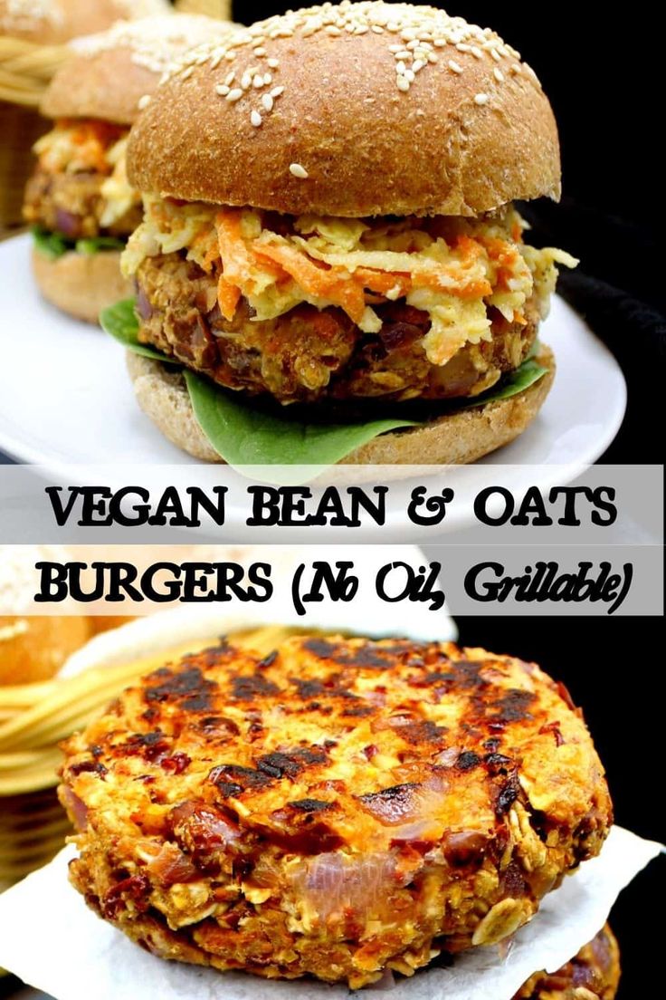 vegan bean and oats burgers in oil gratillati on white plates