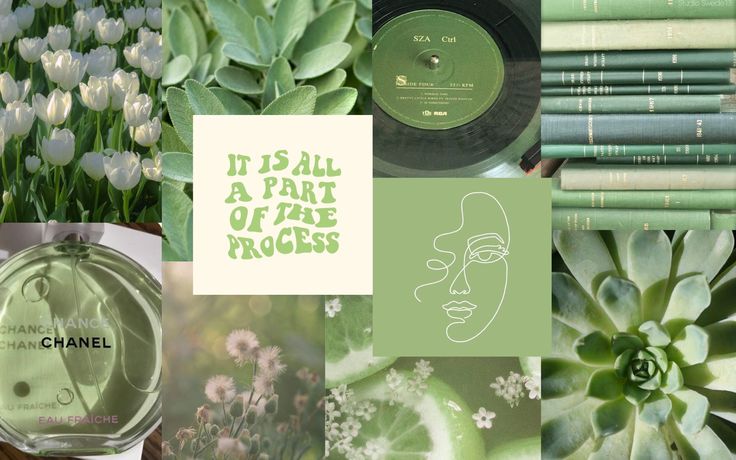 a collage of green and white flowers, plants, and books with the words it's all part of the process written on them