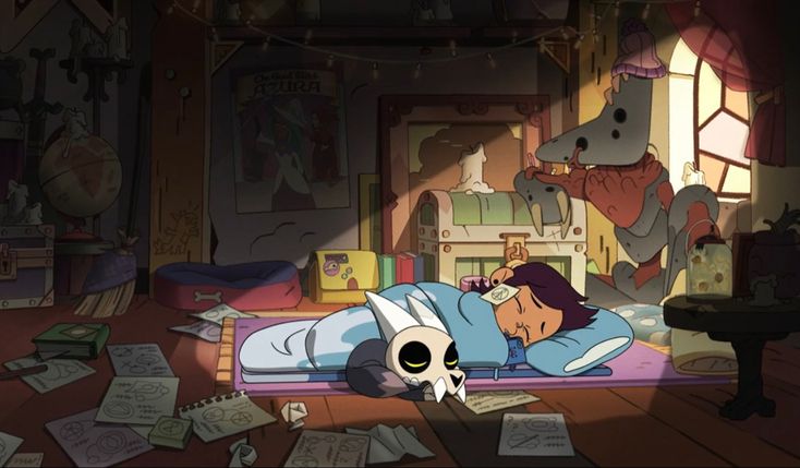 a cartoon character laying on top of a bed in a room with lots of papers