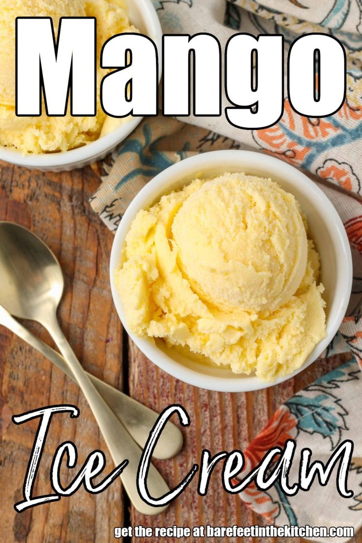 two bowls filled with ice cream on top of a wooden table