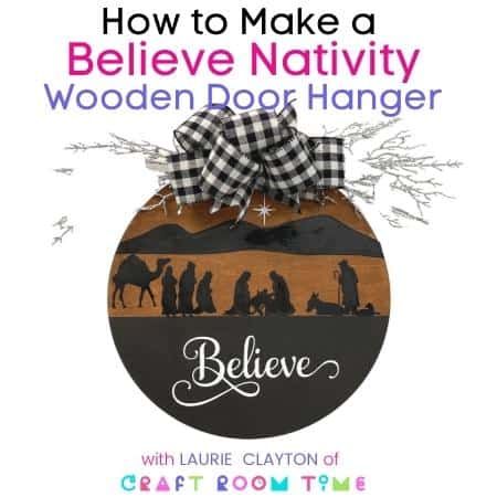 the cover of how to make a believe nativity wooden door hanger