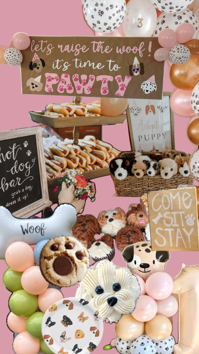 a collage of dog themed items including balloons, cookies and other things to eat