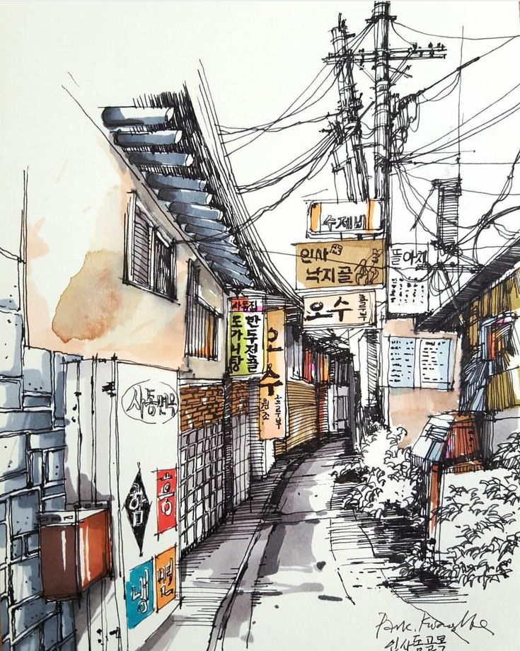 an ink drawing of a street with buildings and signs on the side of each building