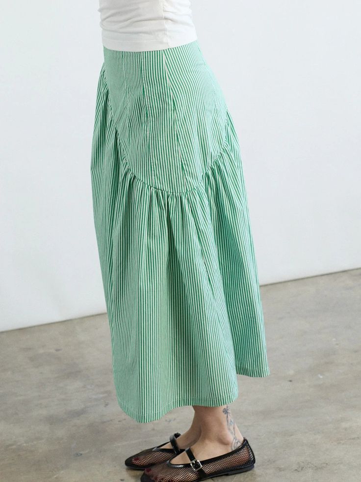 Maeve Midi Skirt - Green Stripe – Lisa Says Gah Summer Striped Cotton Skirt, Striped Cotton Skirt For Summer, Green Bottoms With Vertical Stripes For Summer, Green Vertical Stripes Bottoms For Summer, Green Cotton Summer Skirt, Striped Pleated Skirt Bottoms For Summer, Striped Pleated Skirt For Summer, Striped Skirt For Spring Daywear, Green Lined Skirt For Summer