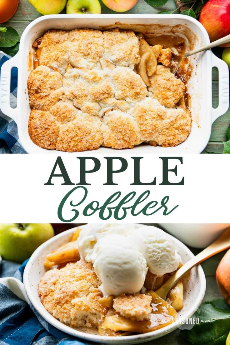 an apple cobbler with ice cream on top and apples in the background text overlay