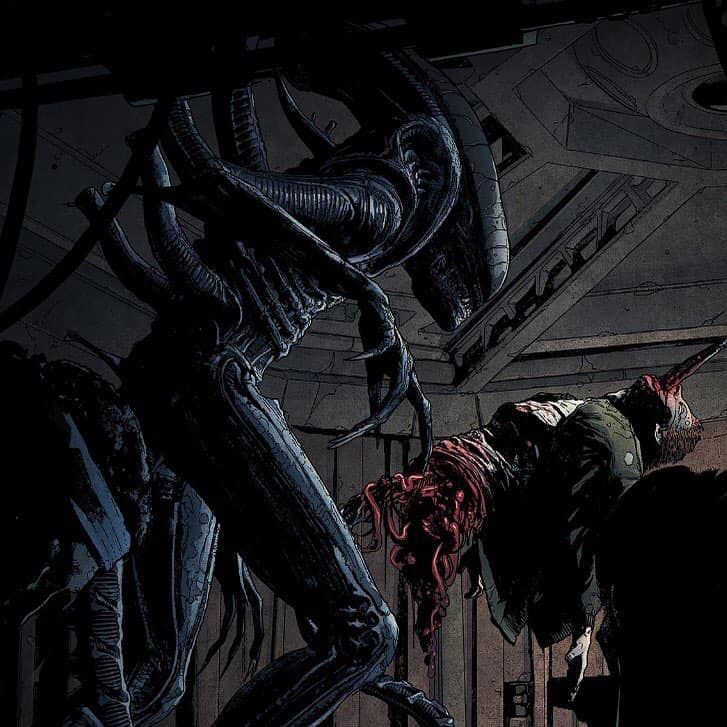 an alien attacking a man in a dark room