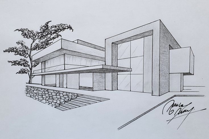 a drawing of a building with trees in the front yard and stairs leading up to it