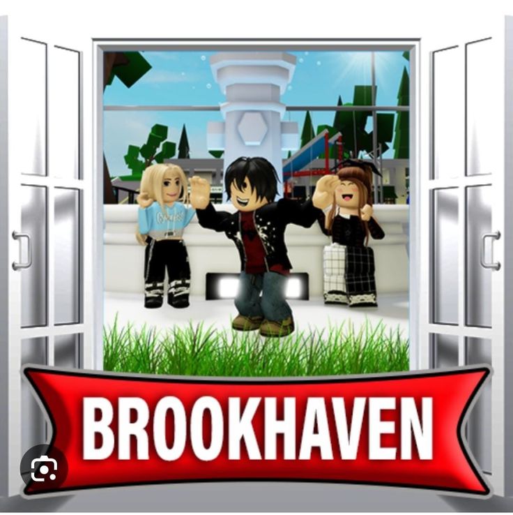 an open door with the words brook haven in front of it and two cartoon characters