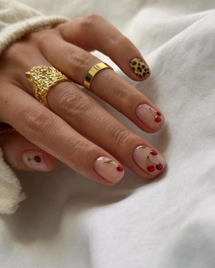 Short Gel Nails Red Art Designs, Simple Leopard Print Nails, Cherry Art Nails, Cherry Print Nails, Cherry Nails Aesthetic, Manicure Ideas Natural Nails, Minimalist Nails Summer 2024, Cherry On Nails, Cherry Short Nails