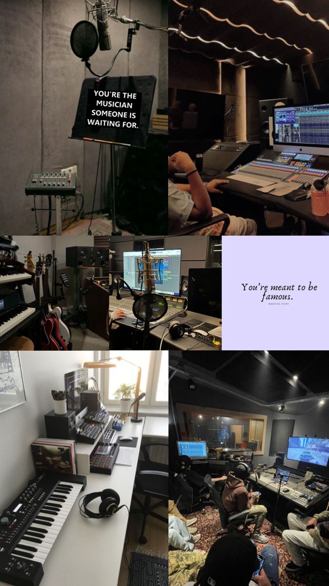 there are many different pictures in this collage, including recording equipment and people working on computers