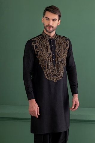 Black kurta with gold sequin, zardozi, bead embroidery in paisley pattern. Paired with matching salwar. - Aza Fashions Traditional Designer Kurta With Gold Embroidery, Black Kurta With Gold Embroidery For Diwali, Ceremonial Straight Kurta With Gold Embroidery, Festive Jamawar Kurta With Gold Embroidery, Jamawar Kurta With Gold Embroidery For Festivals, Traditional Gold Embroidered Kurta For Eid, Ceremonial Kurta With Gold Embroidery, Ceremonial Kurta With Gold Embroidery For Transitional Season, Black Kurta With Gold Embroidery For Festivals