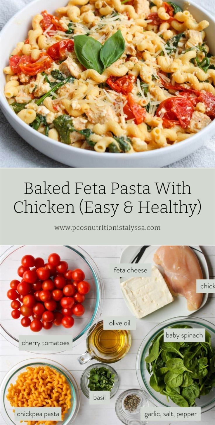 the ingredients for baked feta pasta with chicken and easy healthy salads in bowls