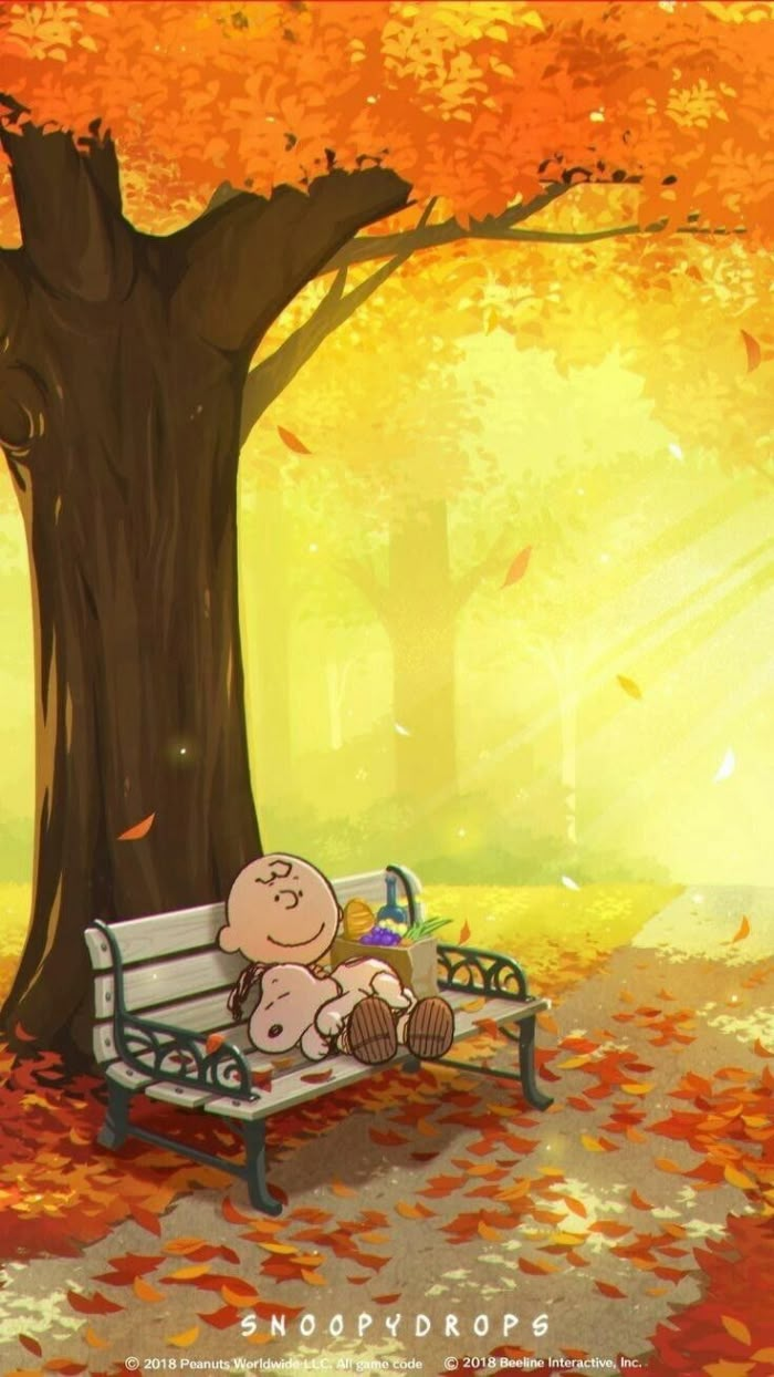 a cartoon character sitting on a bench in front of a tree with leaves falling from it