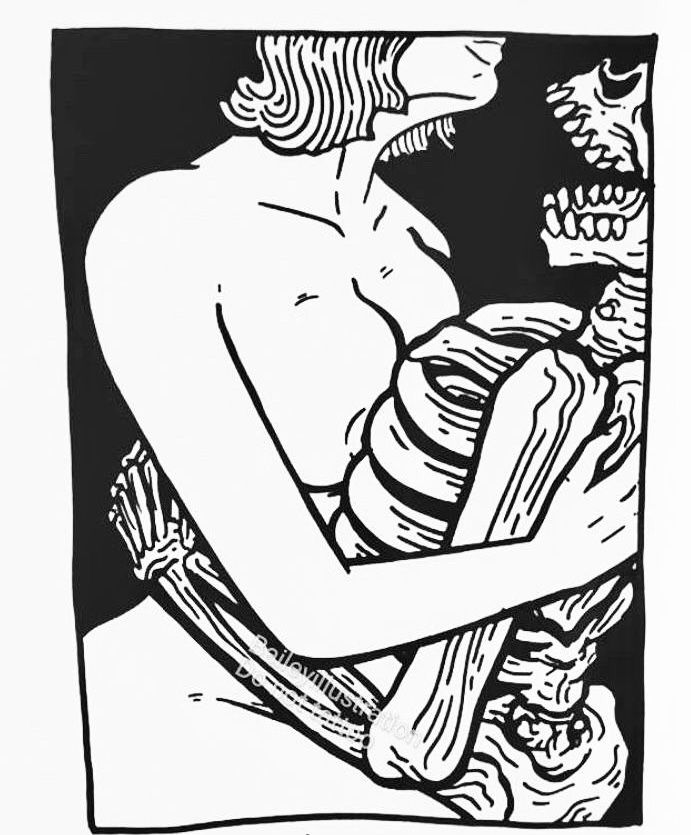 a black and white drawing of a woman holding a skull in her arms with the words my love written on it