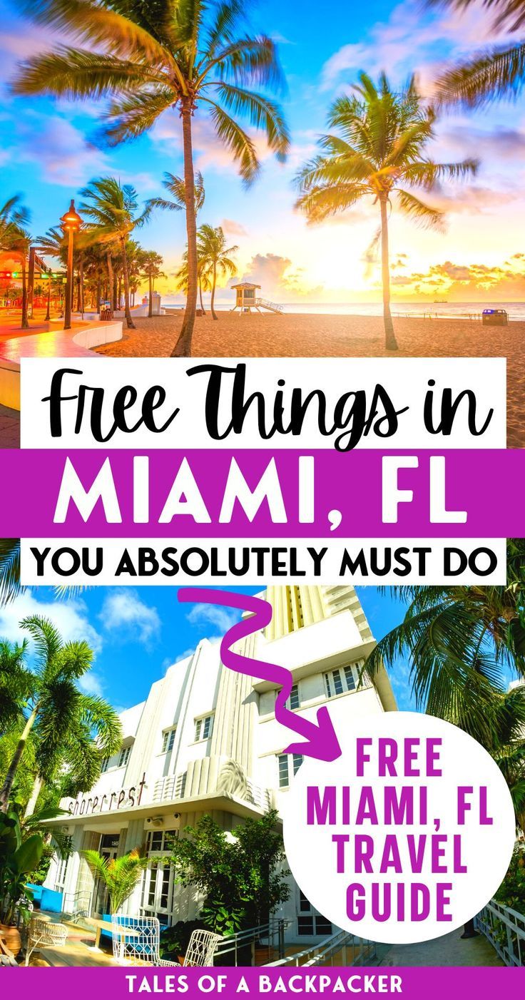 an advertisement for free things in miami, florida with palm trees and the sun setting behind it