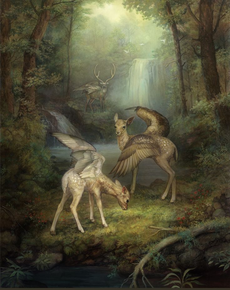 two deers in the woods near a waterfall with birds flying over them and another animal standing on the ground