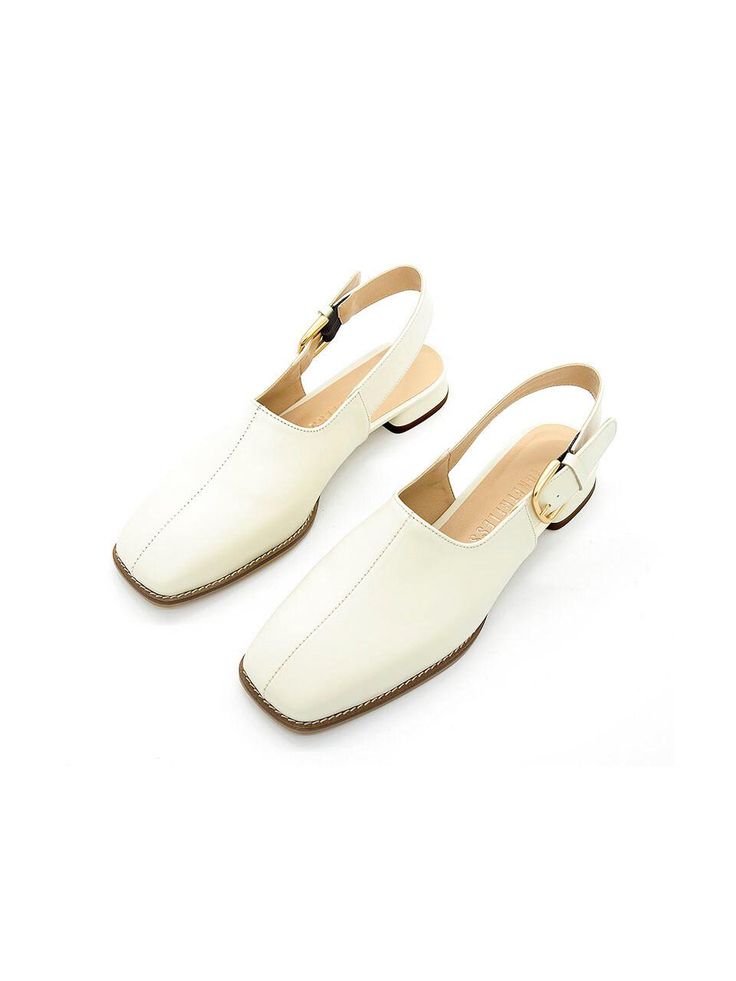 - Flat slingback shoes- 100% cowskin material - Comfortable shoes- Square toe- Square vamp- Adjustable strap with buckle closure Measurement - Heel Height :0.78”- This item is based on KR shoe size. Please refer to the size chart. * When choosing your size, we recommend that you choose your normal size.Composition & Care- Upper :100% Cowskin  - Please wipe only the contaminated area with regular cloth.Designer- Made in Korea- by NONETHELESS- Style#: 3008749 Cream Leather Slingback Pumps With Sculpted Heel, Cream Leather Slingback Pumps With Pointed Toe, Cream Leather Pointed Toe Slingback Pumps, Leather Sandals With Tang Buckle And Pointed Toe, Beige Slingback Sandals With Leather Sole, Chic Leather Slingback Pumps With Tang Buckle, Beige Low Heel Leather Slingback Sandals, Beige Leather Low Heel Slingback Sandals, Beige Leather Slingback Sandals With Low Heel