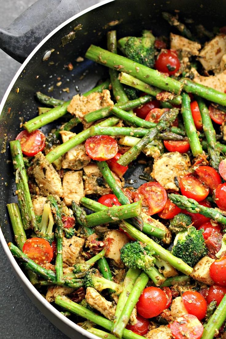 a pan filled with chicken, tomatoes and asparagus