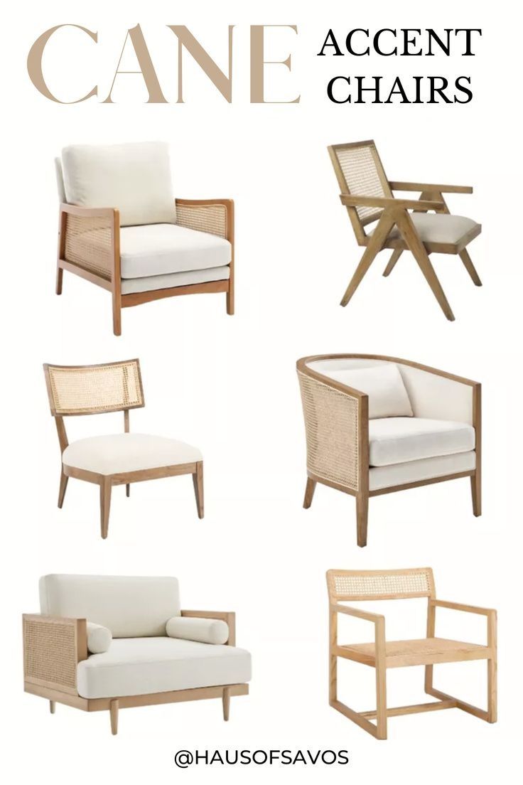 some chairs and tables with the words cane accent chairs