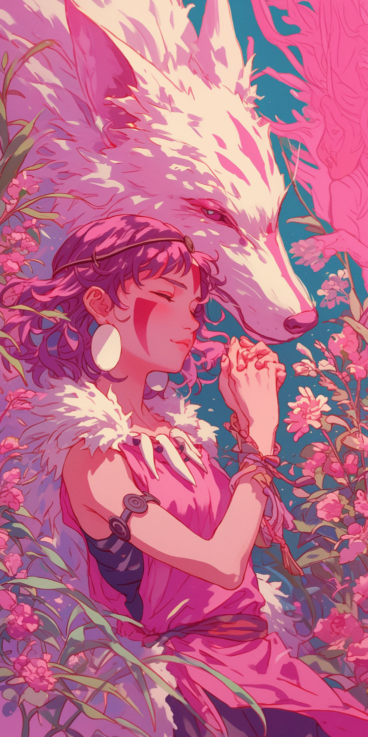 a painting of a girl with pink hair and a wolf's head in the background