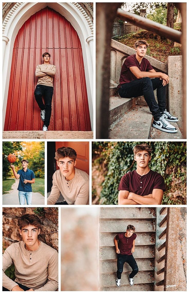 a collage of young men posing in front of a red door