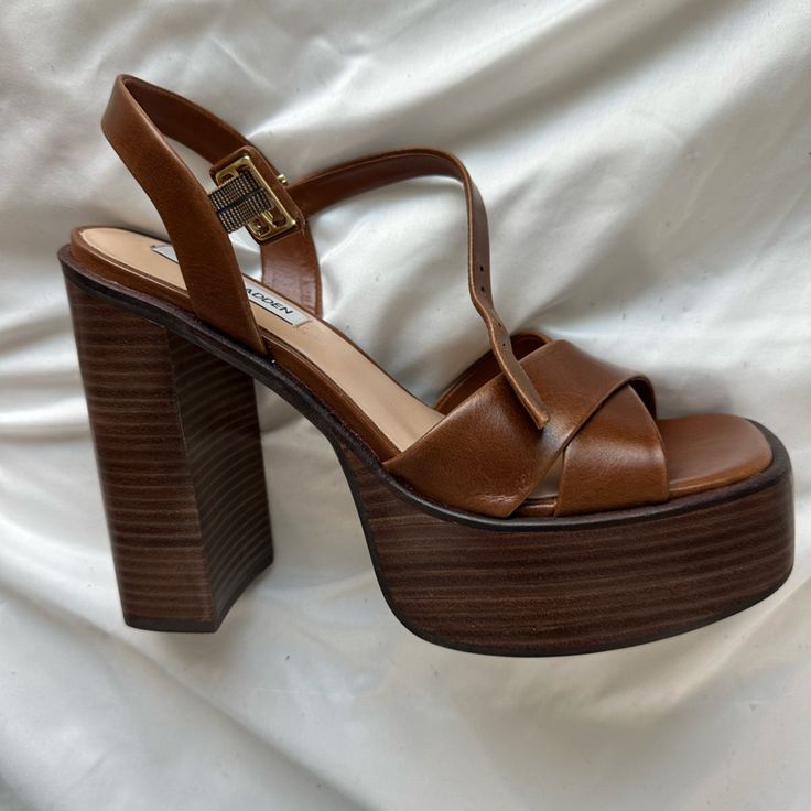 Wooden Platform Heels, Never Worn. Trendy High Heels With Wooden Heel, Brown Platform High Heels, Trendy Brown Heels With Heel Strap, Trendy Heels With Wooden Heel And Medium Width, Chic Brown Pointed Toe Block Heels, Brown Platform Heels For Spring, Trendy Brown Peep Toe Heels, Trendy Brown Closed Toe Heels, Trendy Brown Open Heel Heels