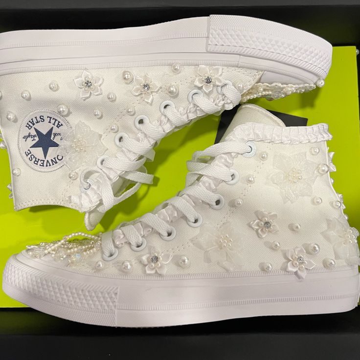 Brand New Never Worn Custom “Bride” White Chuck Taylor Converse Never Been Worn They Are A Men’s Size 5 Or Women’s 7 They Came All White And I Had Them Custom Made To Match A Wedding Dress, Unfortunately Wedding Got Canceled Due To Covid And These Never Got To Walk Down The Isle I Paid 150 For The Sneakers Plus 150 To Get Them Custom Made To Match My Dress. These Are Priced To Sell Please Send Offers I Will Consider Every Offer That Is Fair Low Balls Will Be Ignored Diy Wedding Converse, Wedding Dress Converse, Wedding Dress With Sneakers, Wedding Converse Shoes, Hot Pink Converse, Bride Converse, Leather Chuck Taylors, Bridal Converse, Dress With Converse