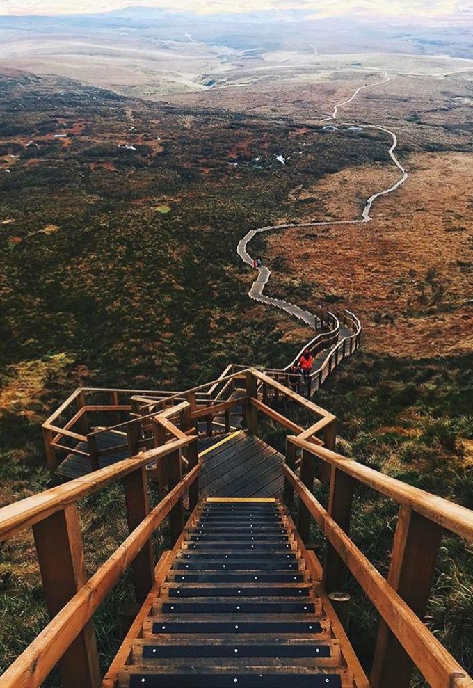 an aerial view of a wooden staircase in the mountains