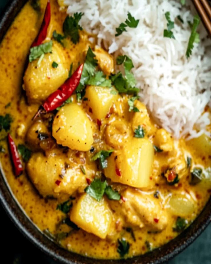 a bowl filled with rice and curry next to some chopsticks on the side