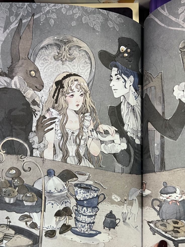 an open book with pictures of people and animals in the pages, including teapots